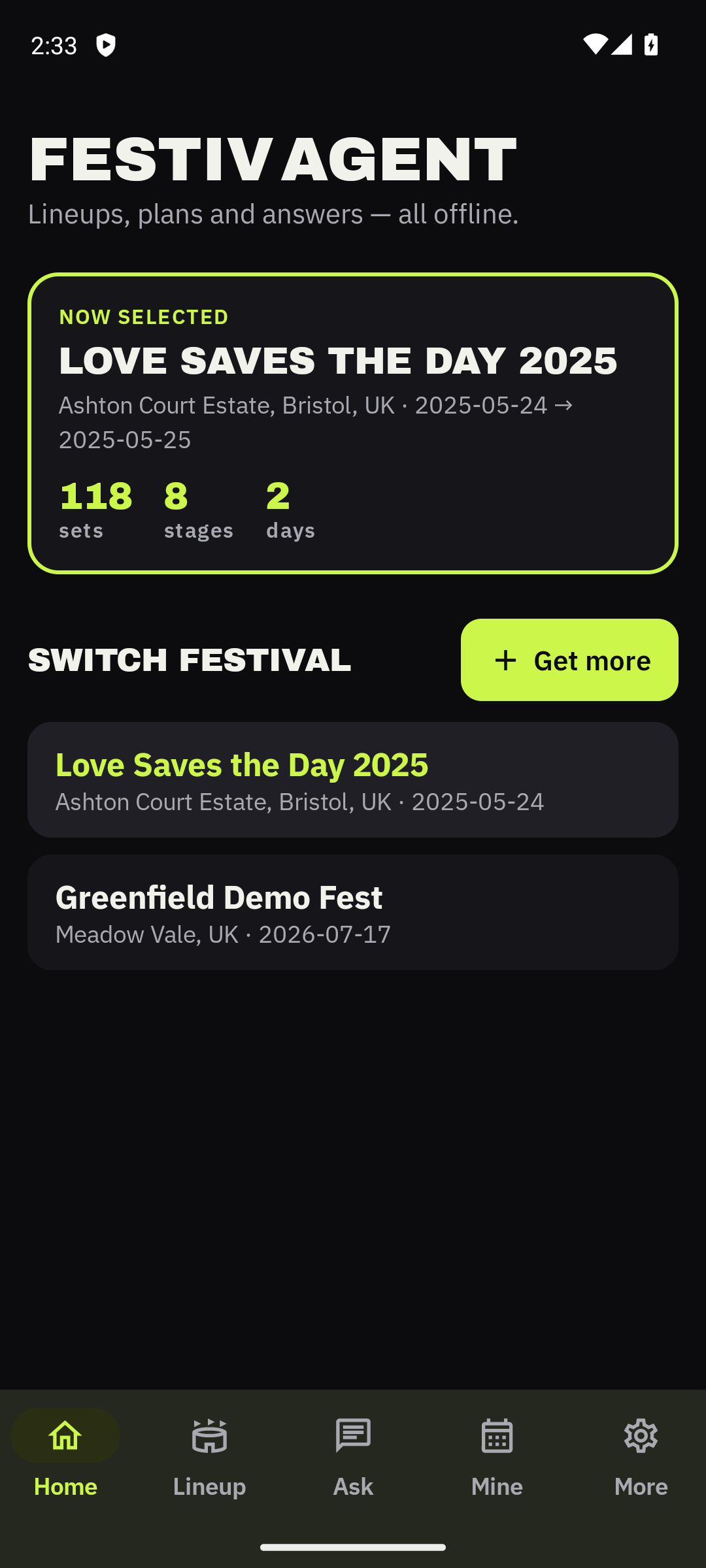 FestivAgent home screen with Love Saves the Day selected