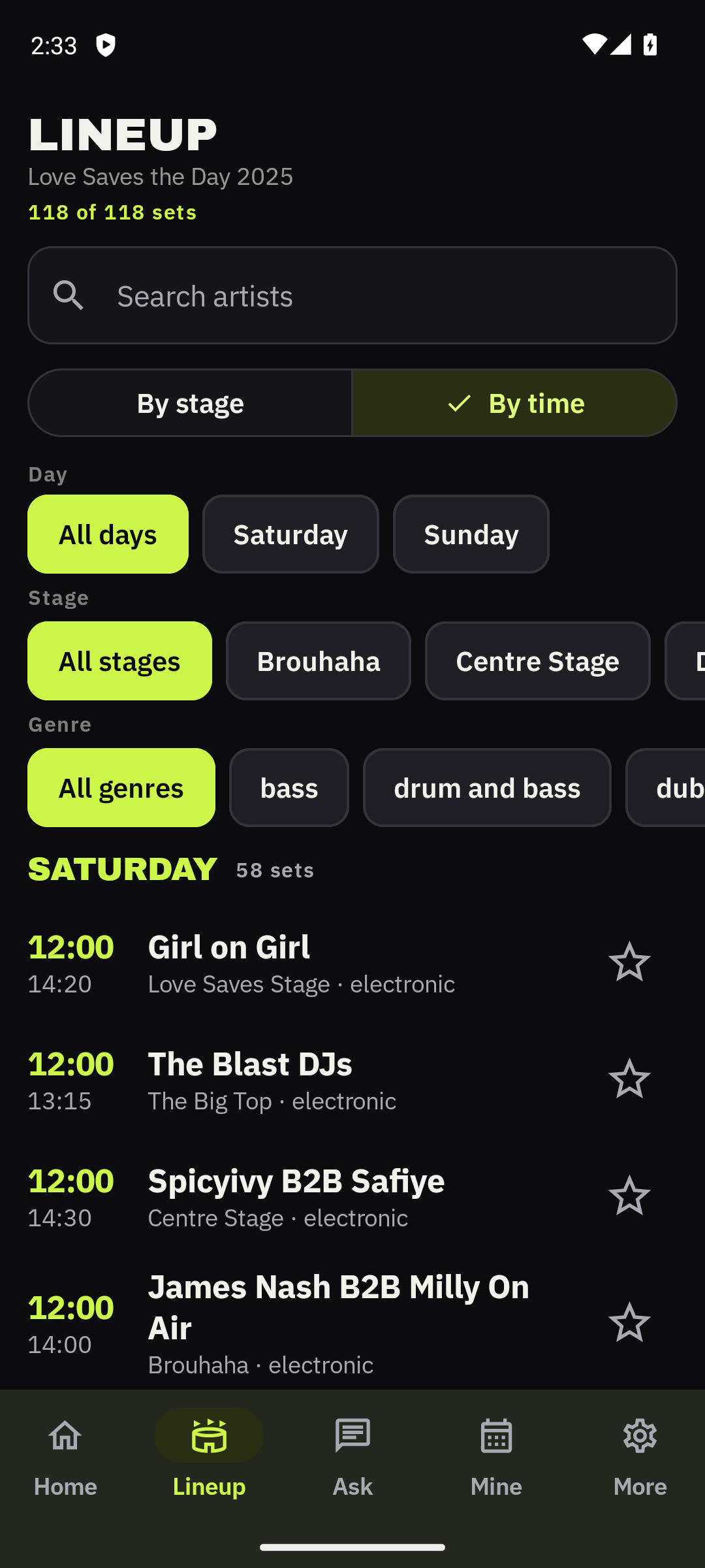 Festival lineup with day, stage and genre filters
