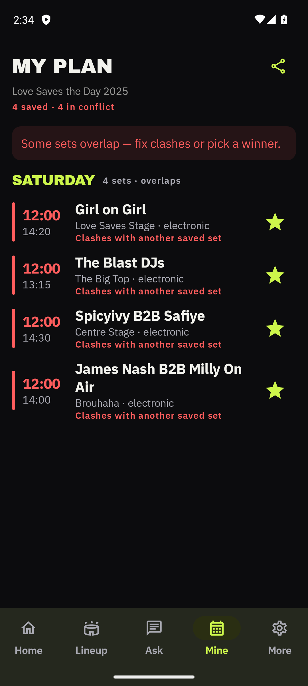 Saved festival plan highlighting four clashing sets