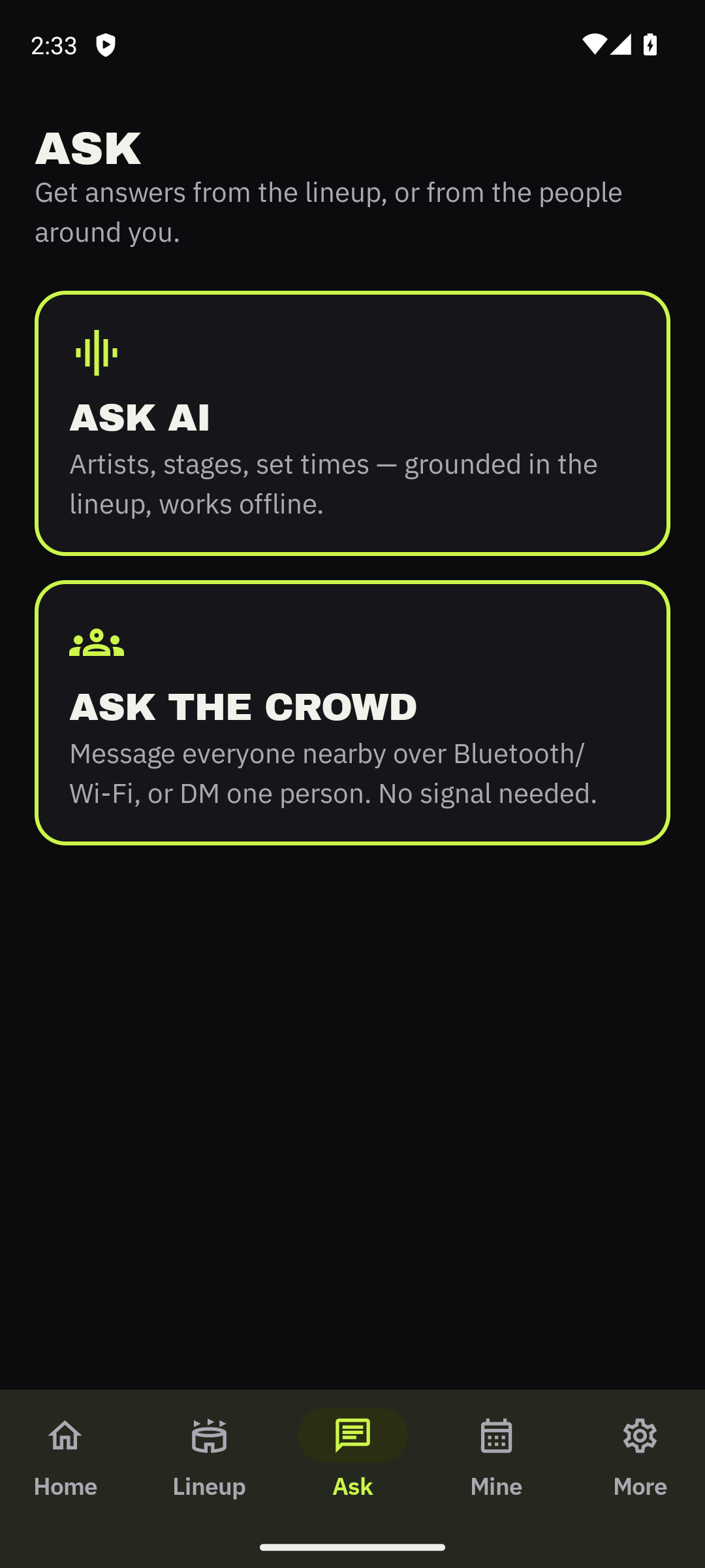 Ask screen offering offline AI and Ask the Crowd