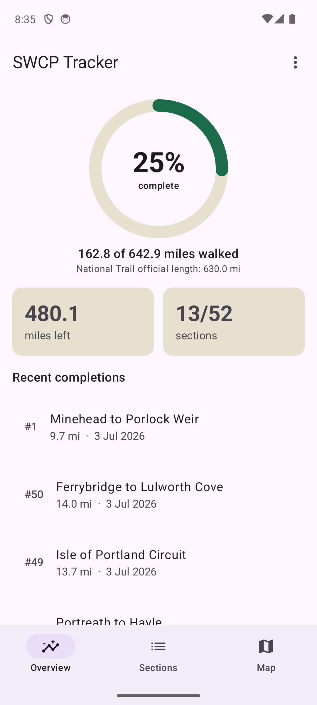 Overview screen with a progress ring showing miles walked