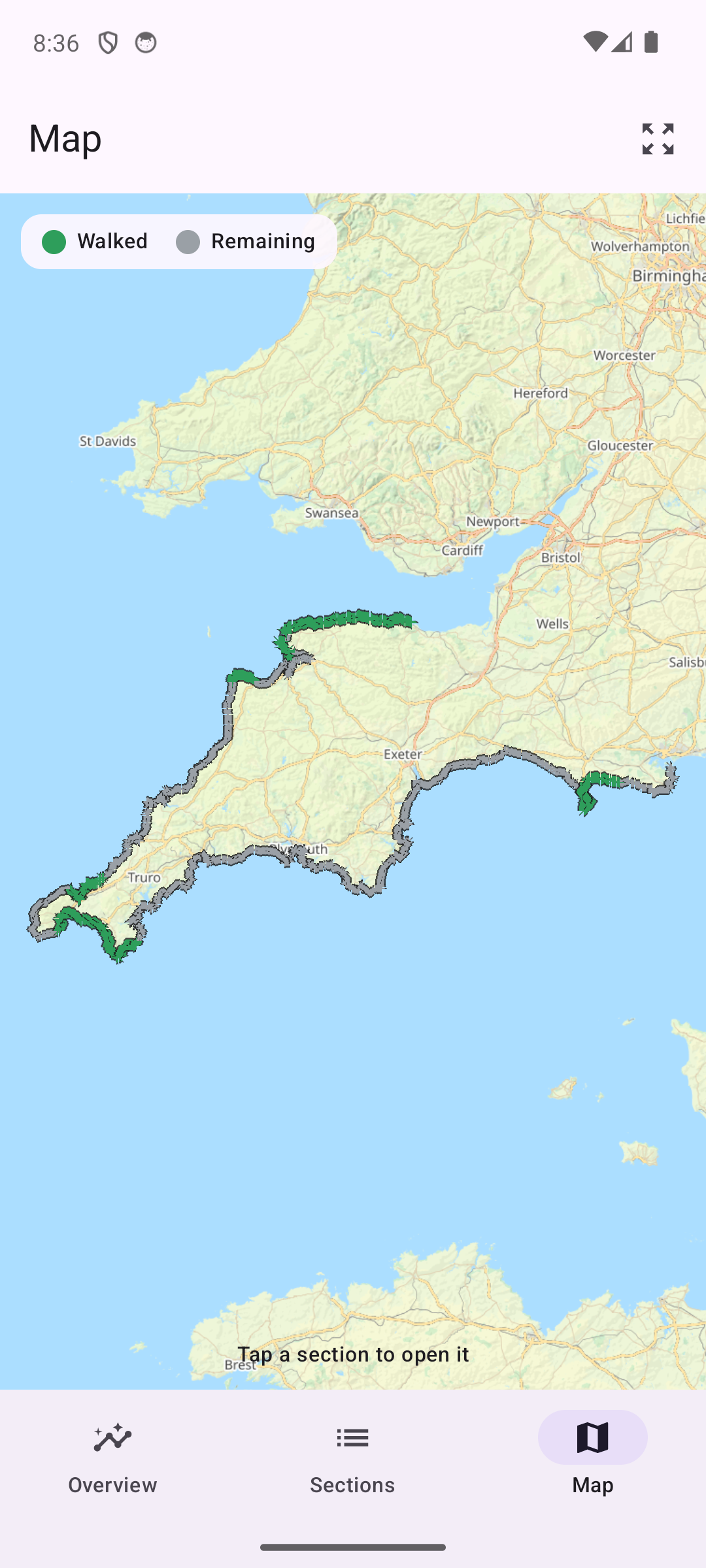 Map of the whole trail, walked stretches in green