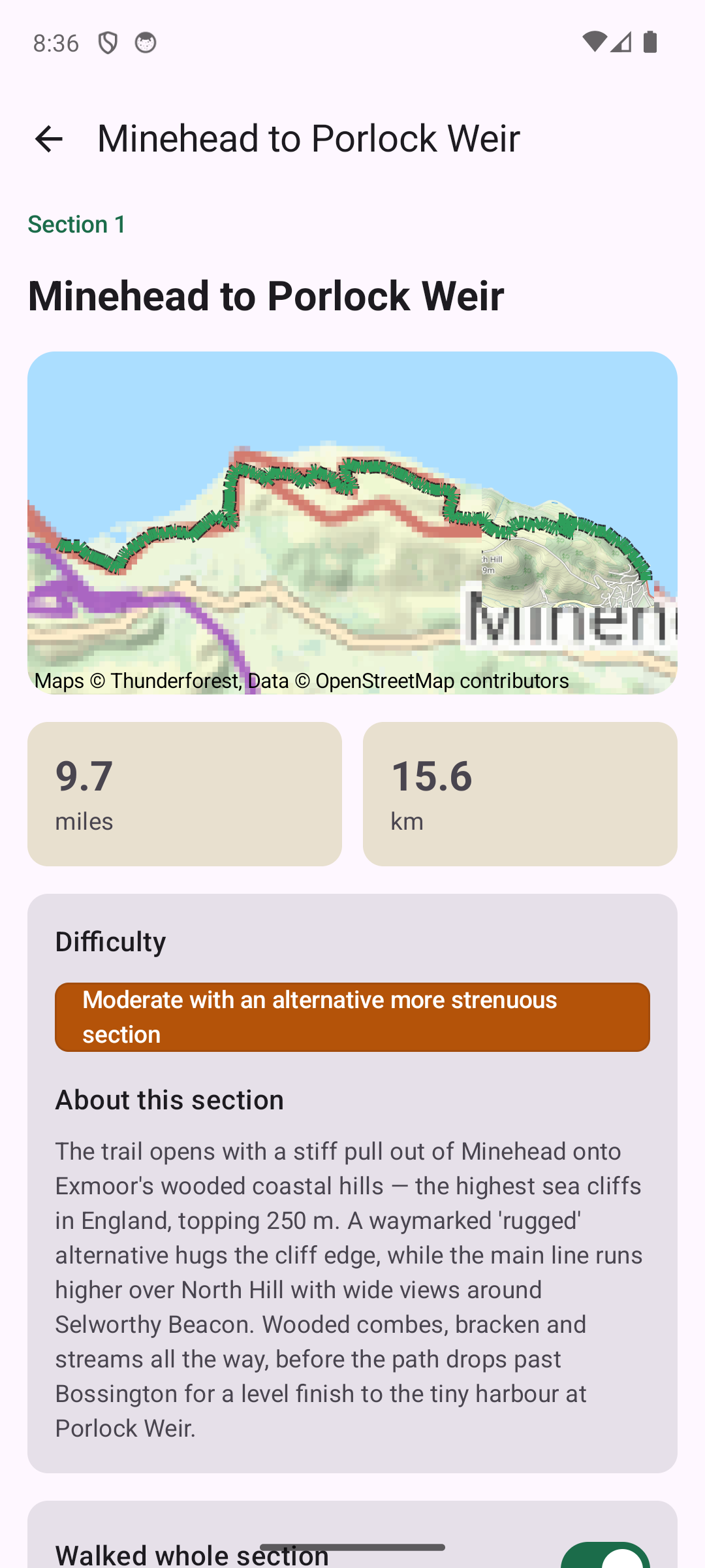 A section page with its own map, difficulty and notes